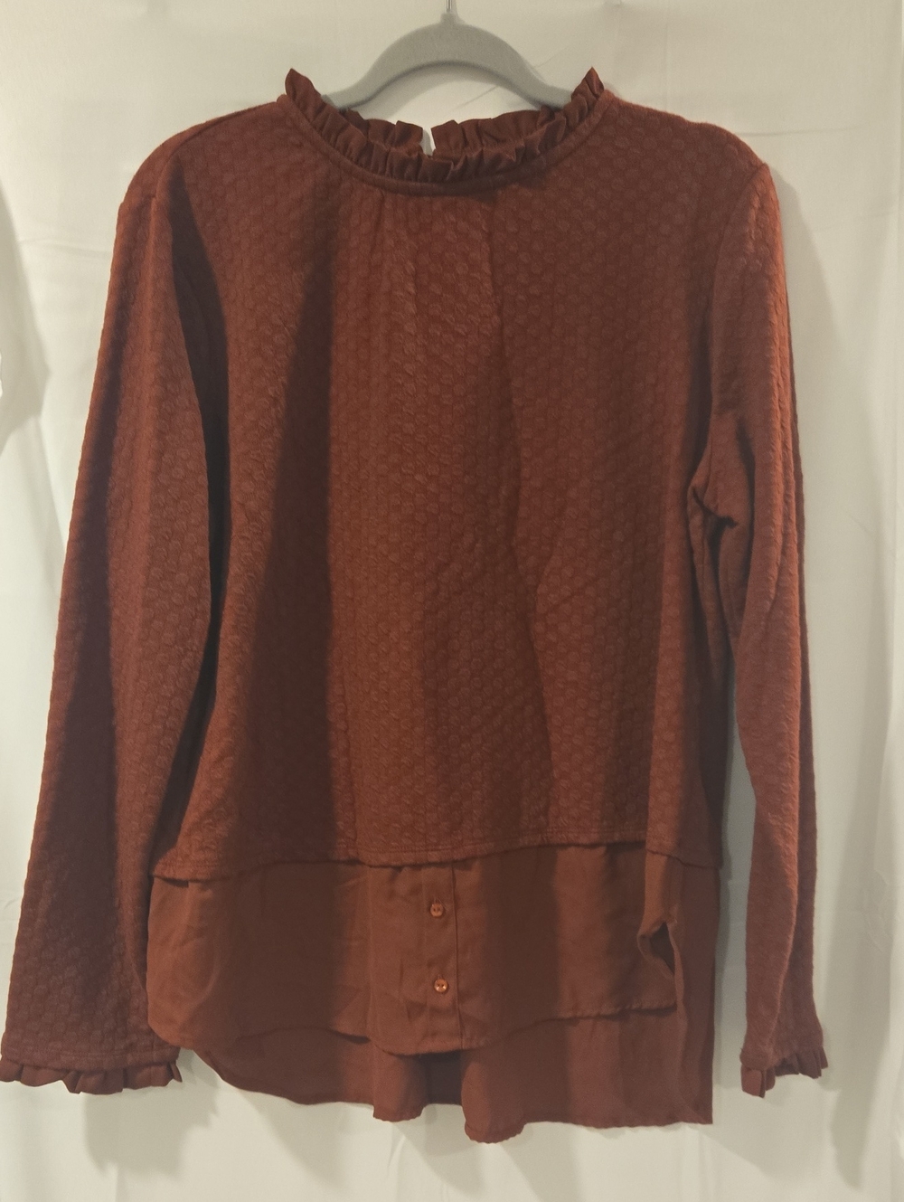 Elle Rust Brown Ruffle Neck Knit Top with Layered Hem